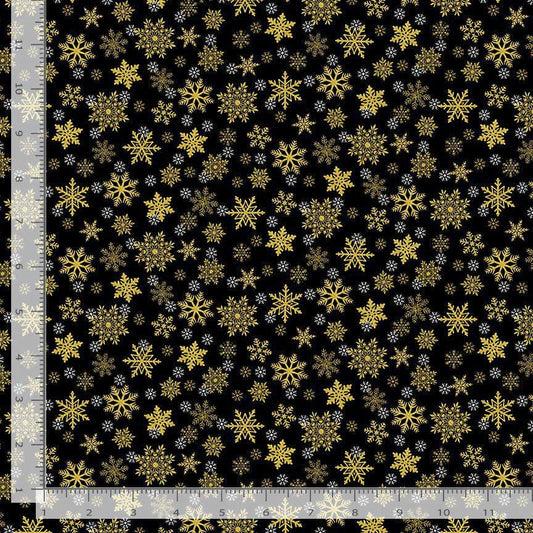 Gold Snowflakes on Black with Metallic Accent 100% Cotton Fabric- continuous cuts TT-Holiday CM3627 Black - Metallic Snowflakes