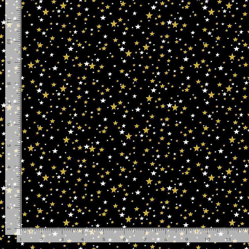 Gold Stars with Metallic Accent 100% Cotton Fabric- continuous cuts TT-Holiday CM3628 Black - Metallic Stars