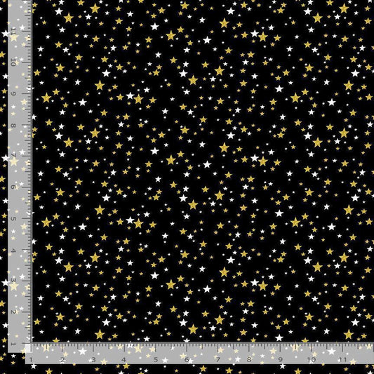 Gold Stars with Metallic Accent 100% Cotton Fabric- continuous cuts TT-Holiday CM3628 Black - Metallic Stars