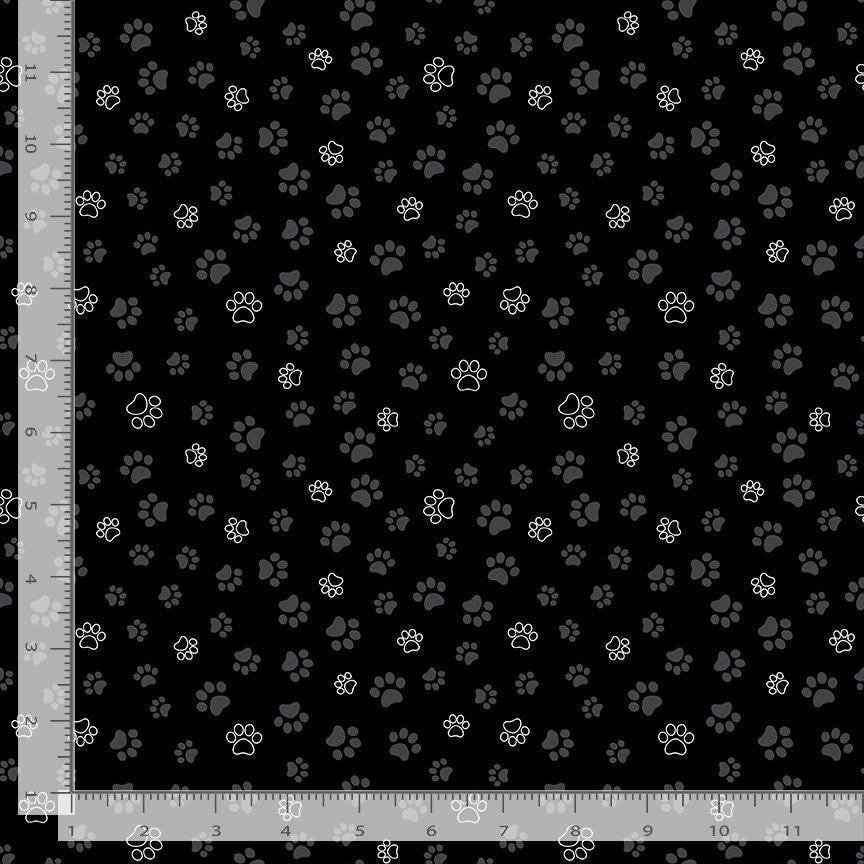 Paw Prints on Black Cotton fabric - Fat Quarters 100% Cotton - Continuous Cuts TT-Cat CD2574 Black - Cat Paws