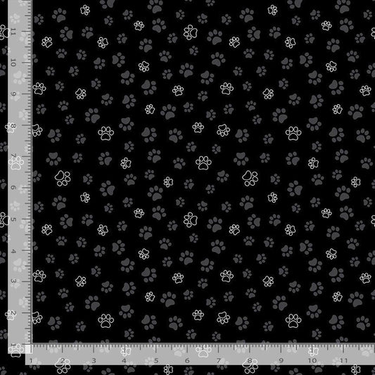 Paw Prints on Black Cotton fabric - Fat Quarters 100% Cotton - Continuous Cuts TT-Cat CD2574 Black - Cat Paws