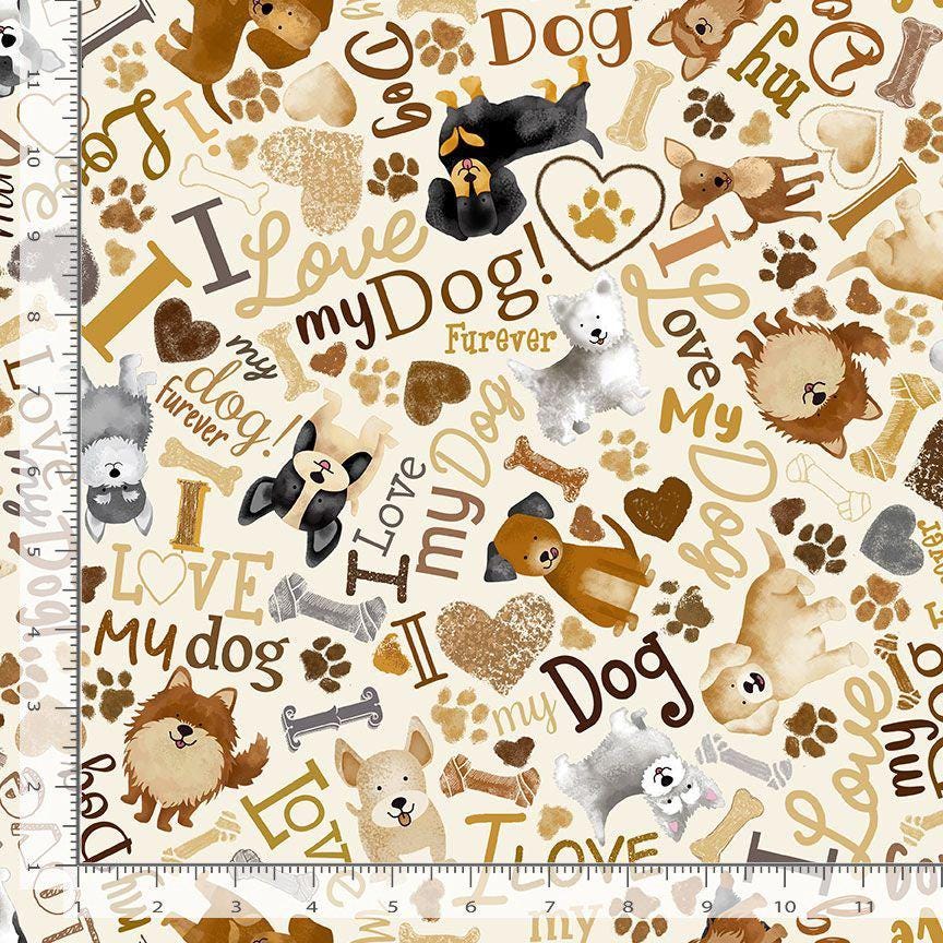 Tossed Dogs and Words Cotton Fabric- 100% Cotton- Continuous Cuts TT-Dog CD3317 Cream - Tossed Dogs & Words