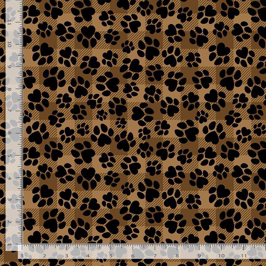 Paw Prints on Brown Plaid Cotton fabric - 100% Cotton - Continuous Cuts TT-Dog CD3319 Brown - Dog Paws on Plaid