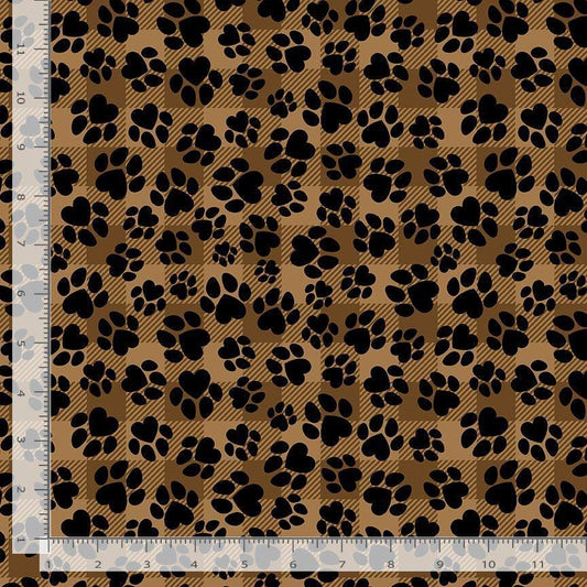 Paw Prints on Brown Plaid Cotton fabric - 100% Cotton - Continuous Cuts TT-Dog CD3319 Brown - Dog Paws on Plaid
