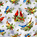 Grey - Birds in Holly Christmas Fabric - 100% Cotton - continuous cuts Oasis Fabrics OF-Noel (2025) 59-8211