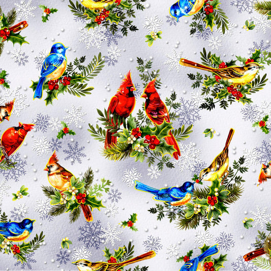 Grey - Birds in Holly Christmas Fabric - 100% Cotton - continuous cuts Oasis Fabrics OF-Noel (2025) 59-8211