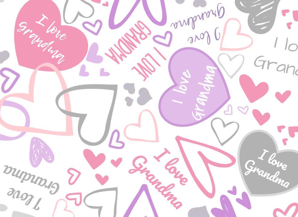 I Love Grandma Hearts Words Pink Purple on White 100% Cotton Continuous Cuts
