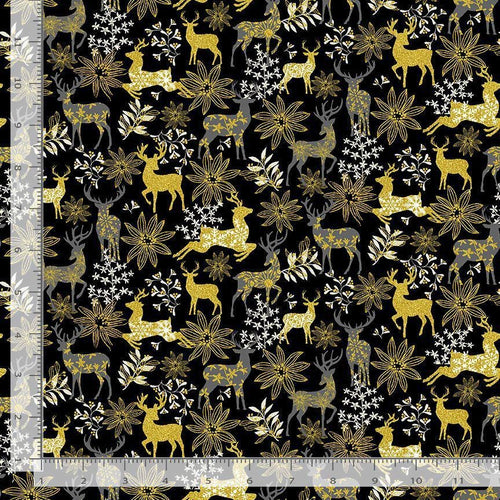 Christmas Deer and Floral Metallic Accent 100% Cotton Fabric- continuous cuts- TT-Holiday CM3623 Black - Deer & Floral Metallic
