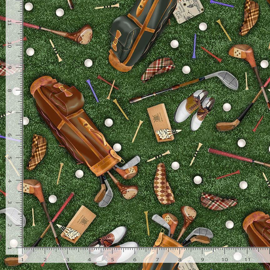 Fabric -Golfing Equipment Themed Novelty Fabric -100% Cotton - Continuous Cuts TT-Gail CD3854 Green - Golfing Equipment