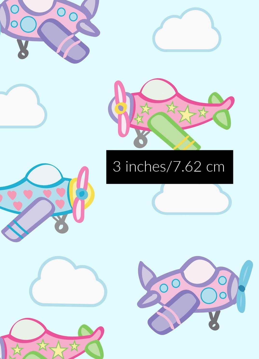 Airplane Fabric - 100% Cotton - Sky - Plane - Flight - Girl - Clouds - Pink - Purple - Aqua