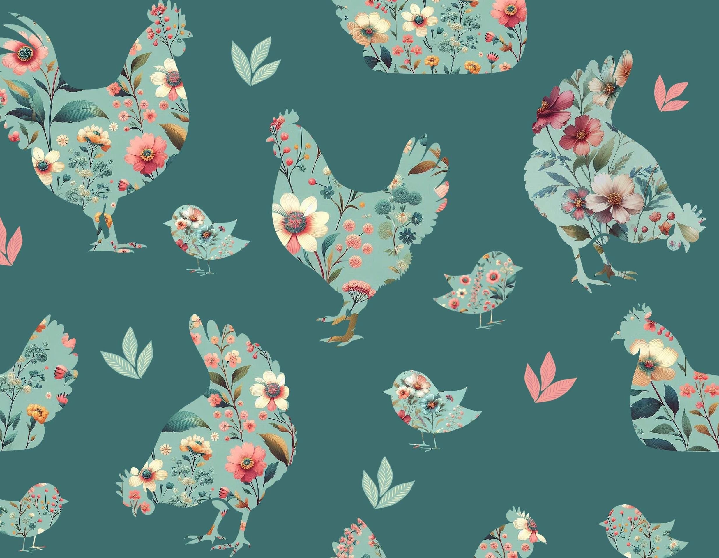 Floral Chicken Silhouette 100% Cotton Fabric -Continuous Cuts - Fast shipping!