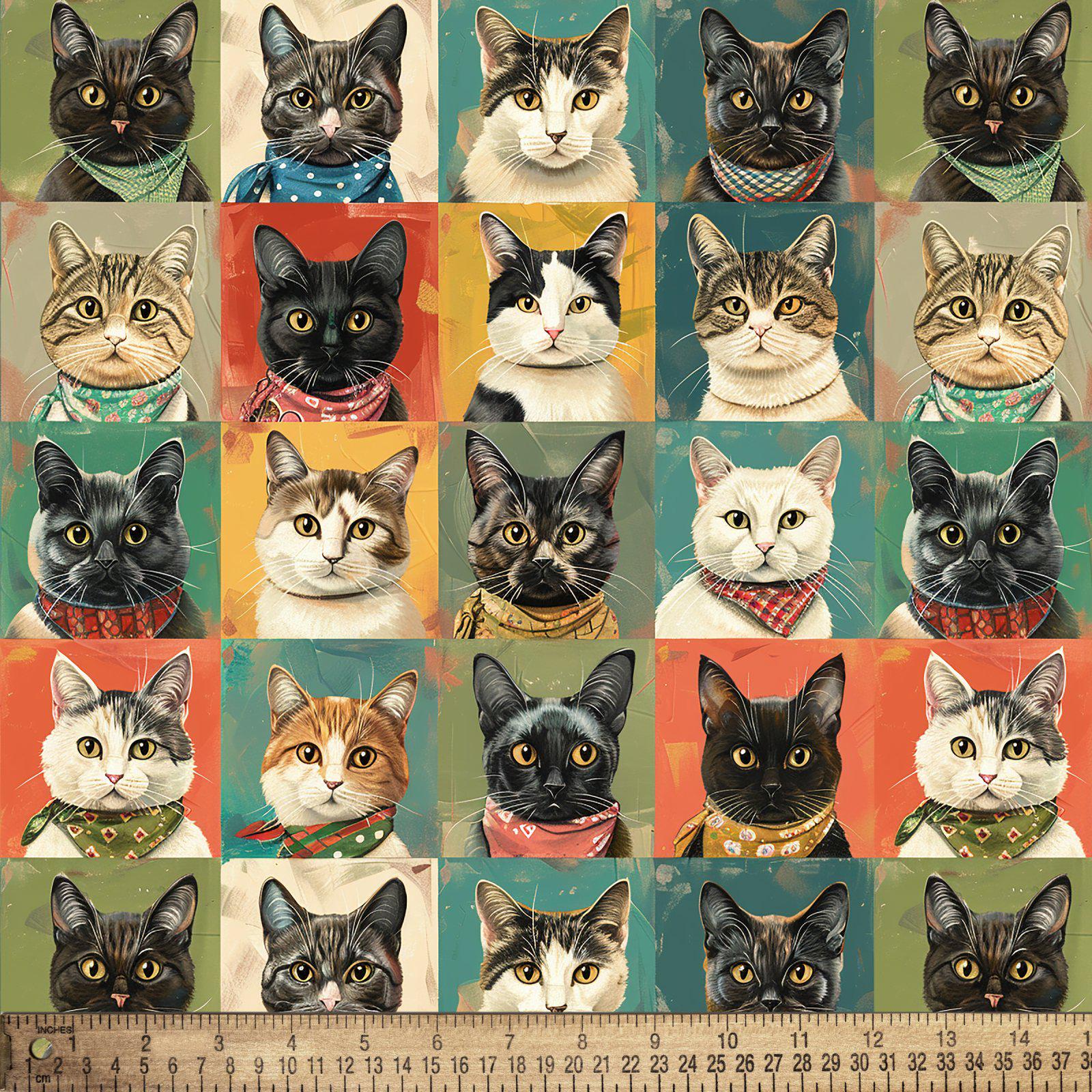 Grid Cats Cotton Fabric - 100% Cotton- Continuous Cuts - DX-7066-5C-1 Multi - Grid Cats 2