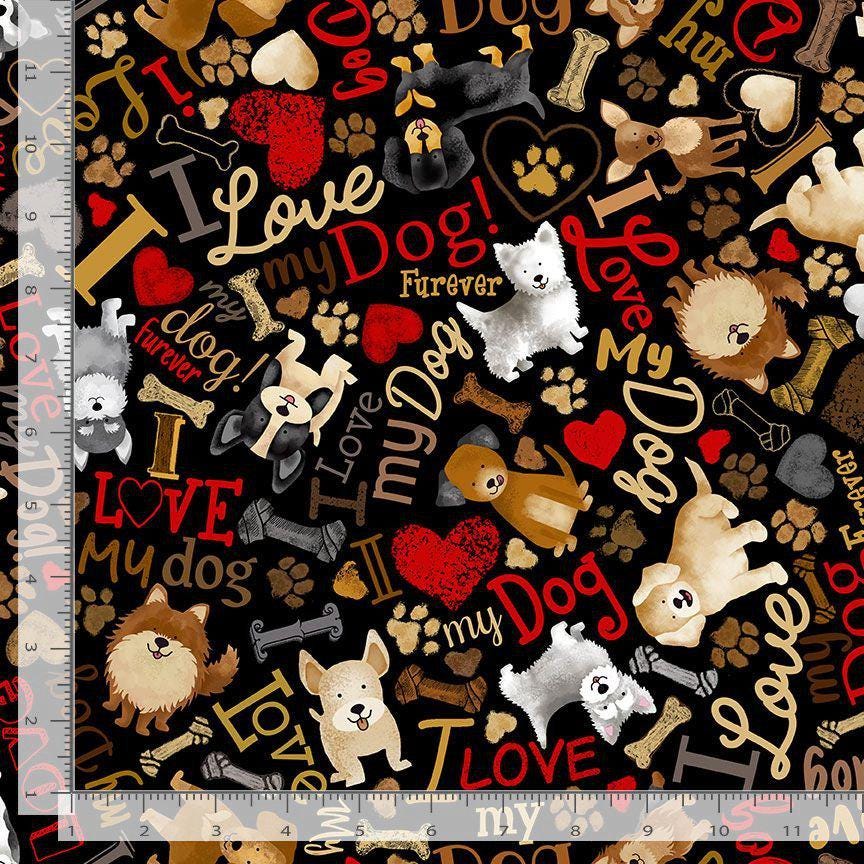 Tossed Dogs and Words Cotton Fabric- 100% Cotton- Continuous Cuts TT-Dog CD3317 Black - Tossed Dogs & Words