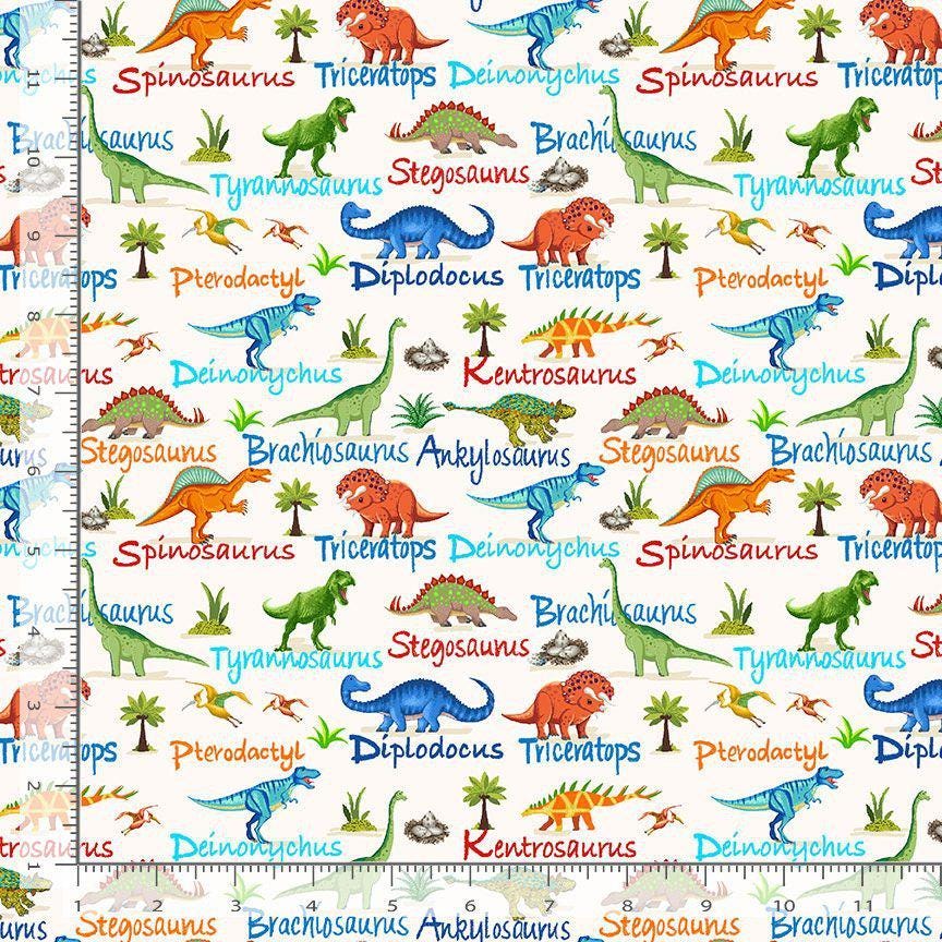 Mini Dinosaurs & Names 100% Cotton Fabric - TT-Dino CD3847 Cream -continuous cuts