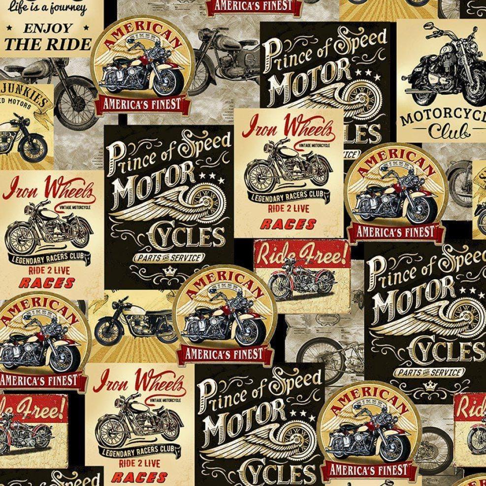 End of Bolt - Vintage Motorcycle Cotton fabric - 100% cotton- material- Timeless Treasures FUN-CD8049 Planes, Trains, Trucks