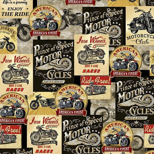Vintage Motorcycle Cotton fabric - 100% cotton- material-  Timeless Treasures FUN-CD8049 Planes, Trains, Trucks
