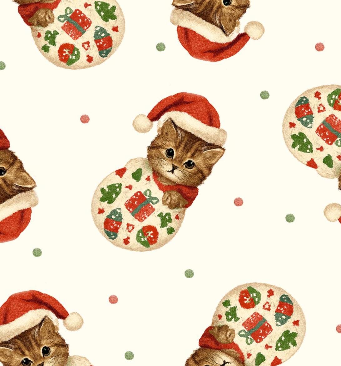 Vintage Christmas Kitties in Ornaments Fabric - Fat Quarters,- 100% Cotton-by the 1/2 yard - Drewie Pie Fabrics