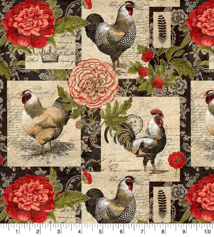 French Rooster Floral Ccotton Fabric - 100% Cotton -By Springs Creative