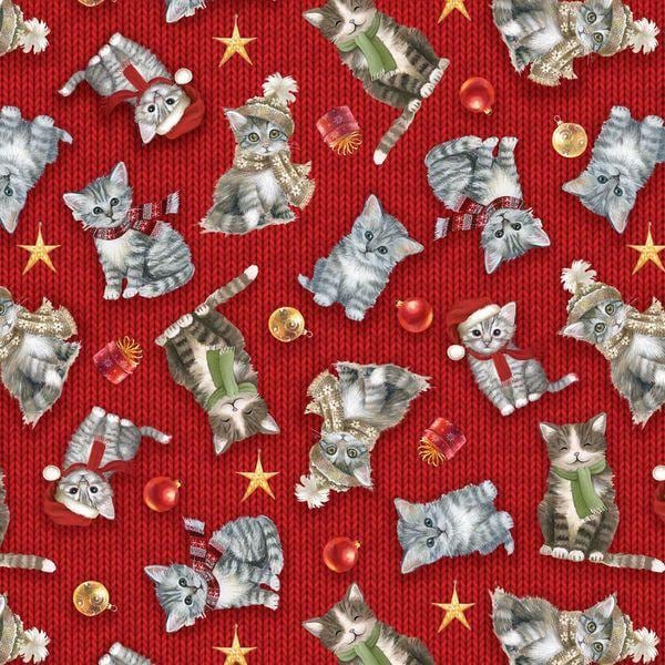 A Purr-fect Holiday Season (Digital) 4061-88 Red - Cat Toss- Cotton Fabric - Fat Quarters,- 100% Cotton-by the 1/2 yard