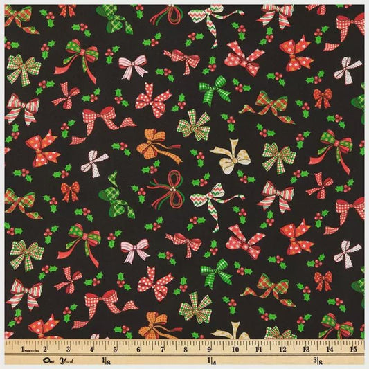 Patterned Christmas Bows 100% Cotton Fabric- continuous cuts - Red and white on Black