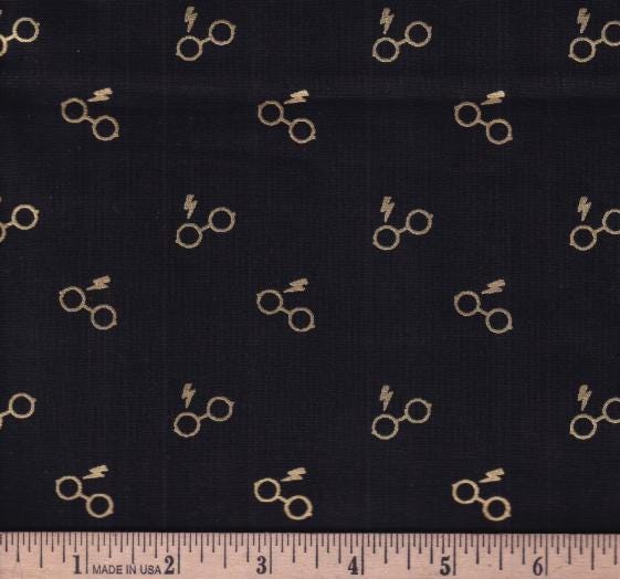 Harry Potter's Glasses and Bolt w/Metallic 100% Cotton Fabric - Continuous Cuts Licensed Fabric