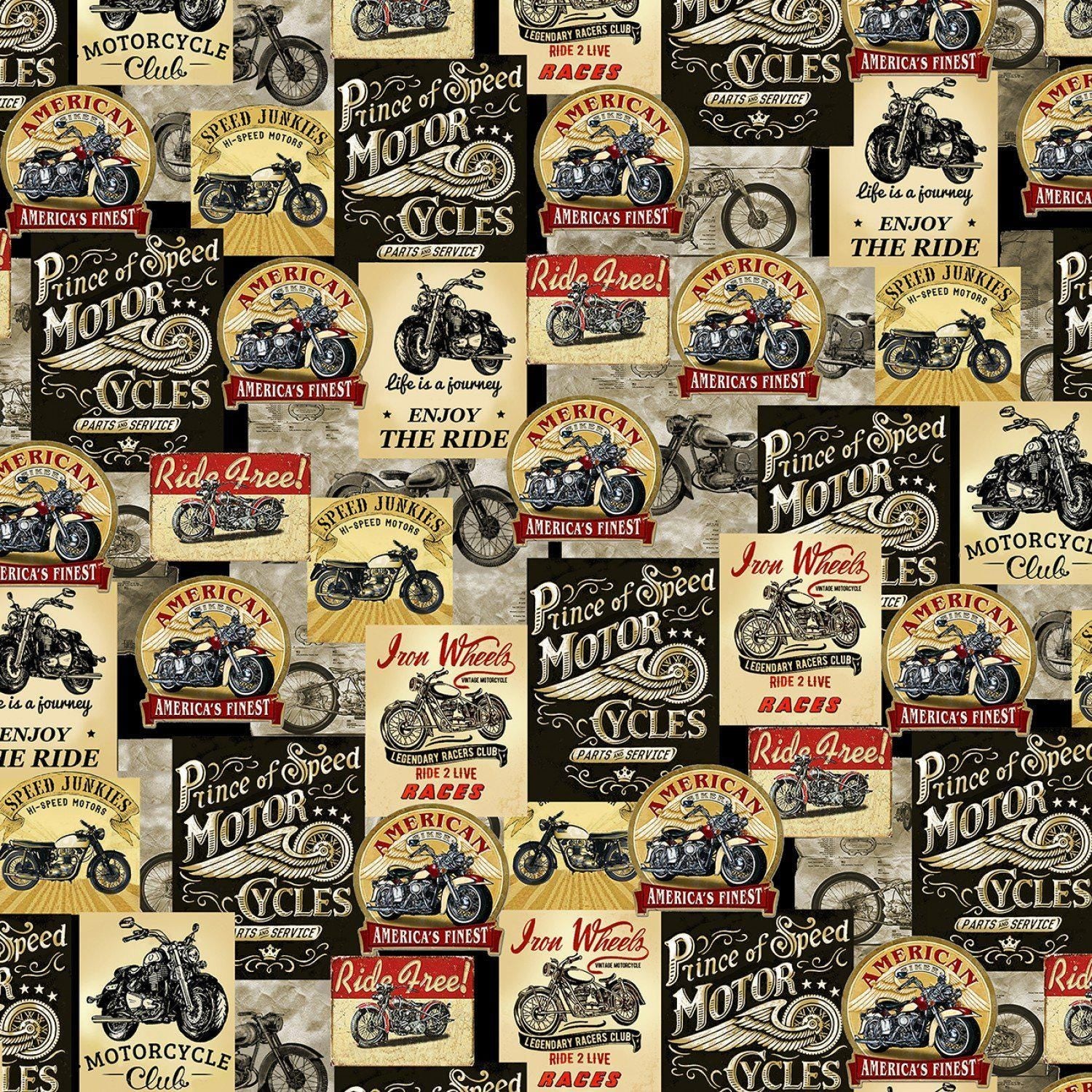 End of Bolt - Vintage Motorcycle Cotton fabric - 100% cotton- material- Timeless Treasures FUN-CD8049 Planes, Trains, Trucks