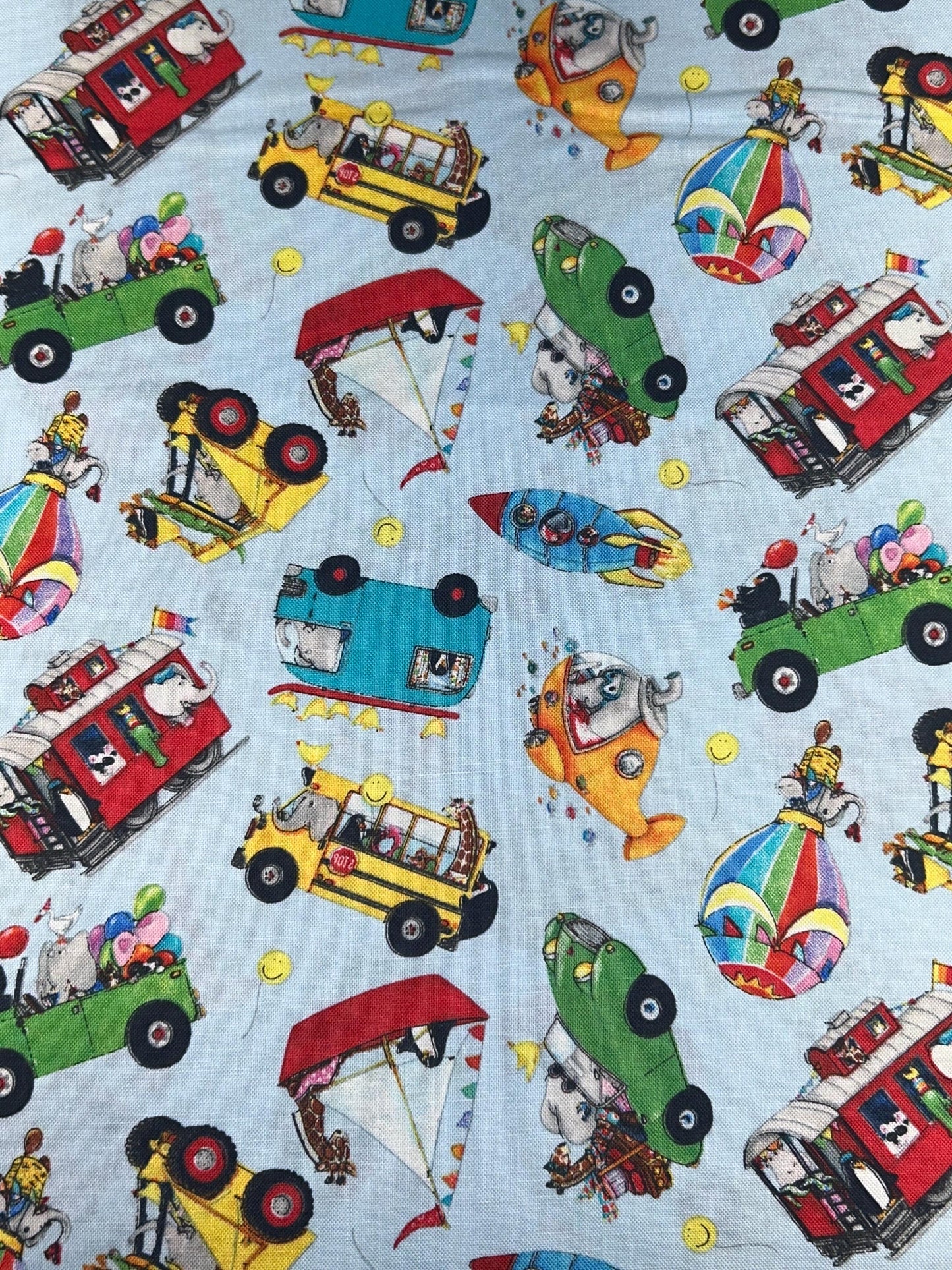 Let's Take a Ride Novelty Fabric -100% Cotton - Continuous Cuts Elizabeth's Studios 17011 Softblue Planes, Trains, Trucks