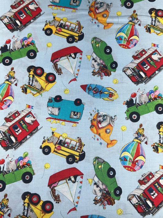 Let's Take a Ride Novelty Fabric -100% Cotton - Continuous Cuts Elizabeth's Studios 17011 Softblue Planes, Trains, Trucks