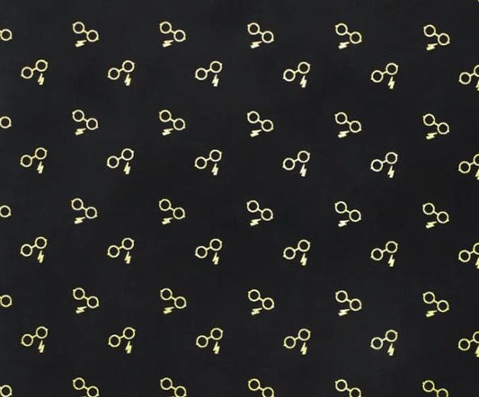 Harry Potter's Glasses and Bolt w/Metallic 100% Cotton Fabric - Continuous Cuts Licensed Fabric