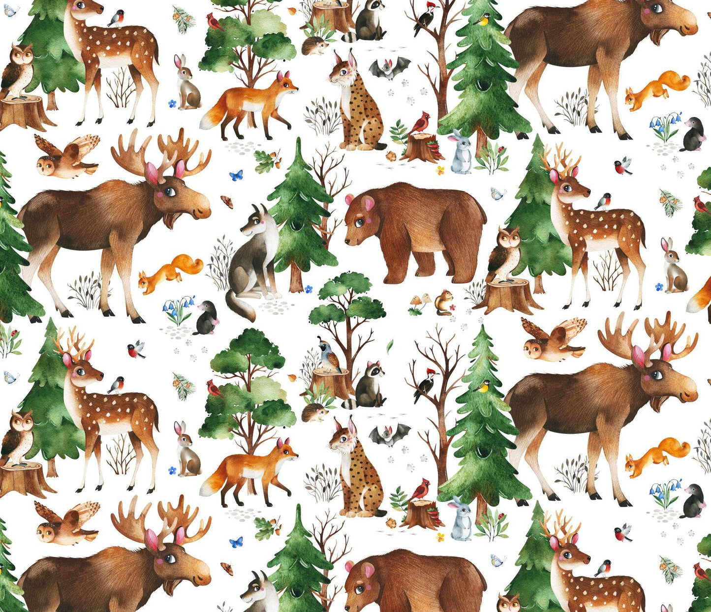 Who Lives in the Woods? Cotton fabric- - 100% Cotton - Continuous cuts- Deer Bear Bird Bunny Elizabeth Studios Fabric