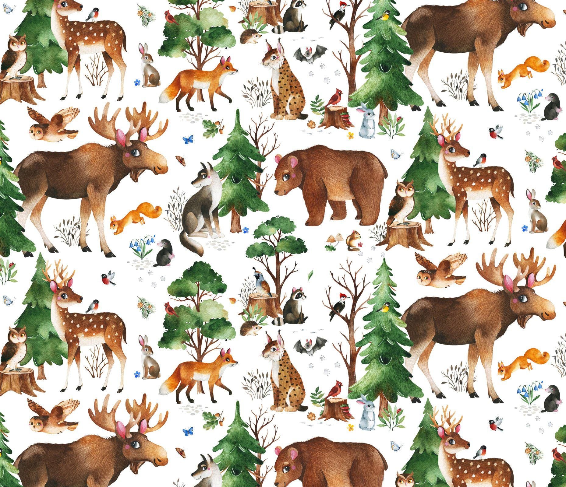 Who Lives in the Woods? Cotton fabric- - 100% Cotton - Continuous cuts- Deer Bear Bird Bunny Elizabeth Studios Fabric