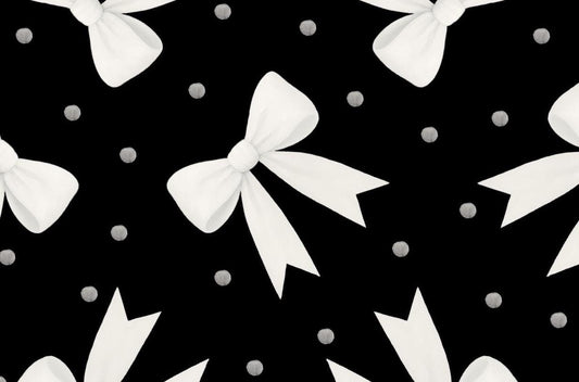 Bows and Dots on Black 100% Cotton Fabric- continuous cuts - Drewie Pie Fabrics