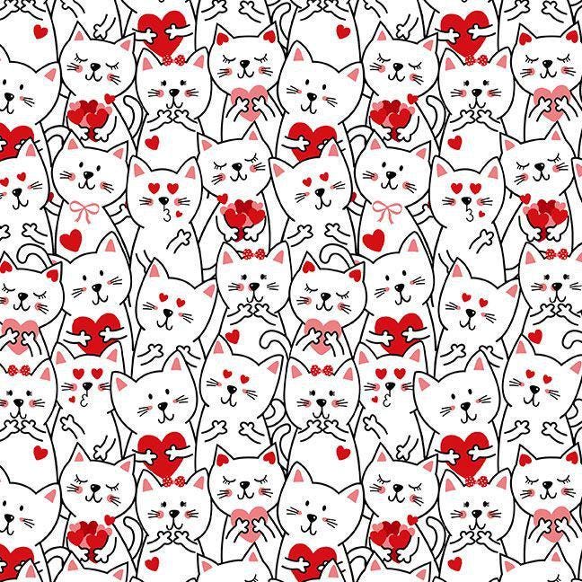 Packed Cats with Hearts Cotton Fabric - 100% Cotton- Continuous Cuts- TT-Gail CD3834 White - Packed Cats with Hearts
