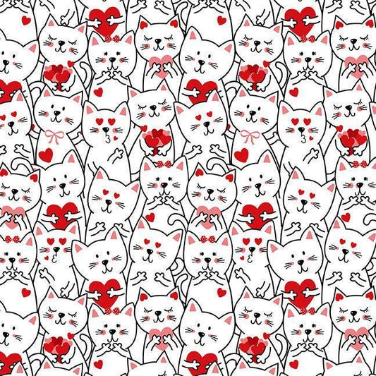Packed Cats with Hearts Cotton Fabric - 100% Cotton- Continuous Cuts- TT-Gail CD3834 White - Packed Cats with Hearts