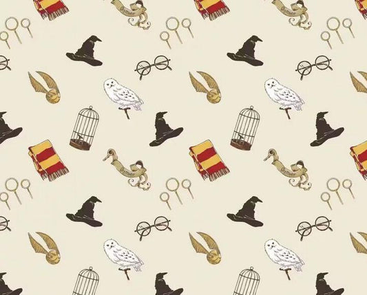 MINKY Camelot Harry Potter Icons on Cream Minky Fabric- 100% Polyester Licensed Fabric