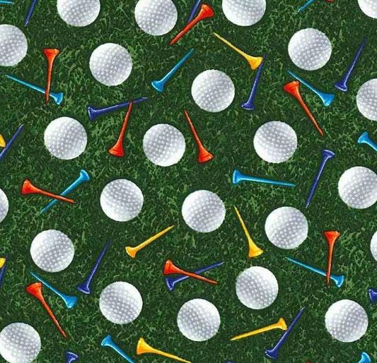 Fabric -Golf Balls and Tees in Grass Novelty Fabric -100% Cotton - Continuous Cuts