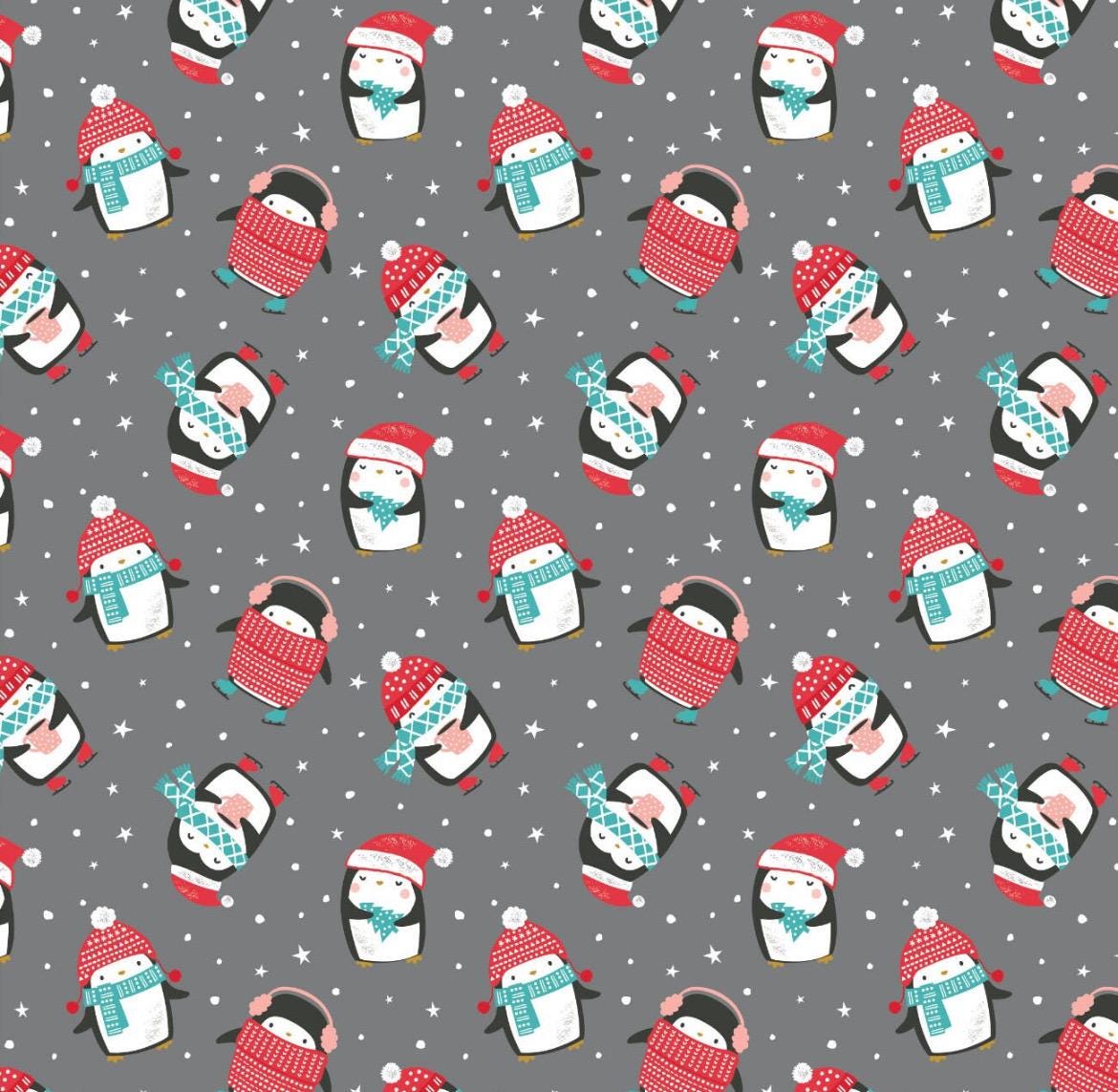 Merry Penguins Winter Penguins Toss Cotton Fabric - Camelot Fabrics- Continuous Cuts