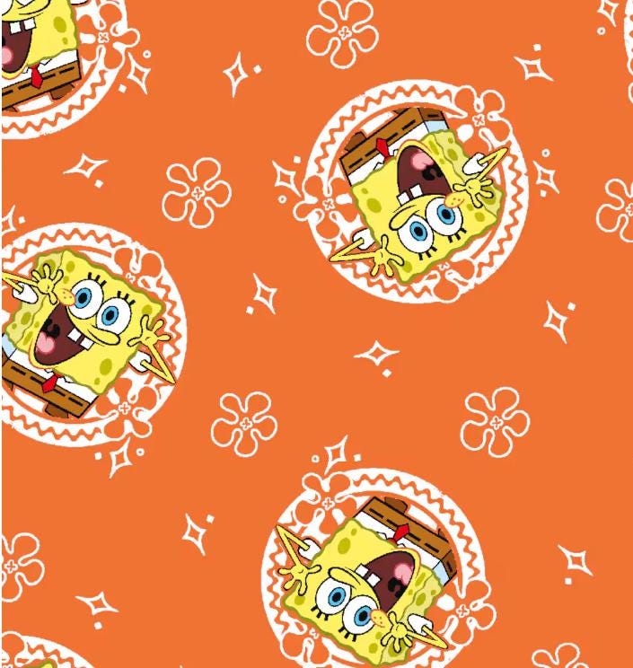Spongebob Cotton Fabric - Cotton Fabric- Orange - 100% Cotton - continuous cuts Licensed Fabric