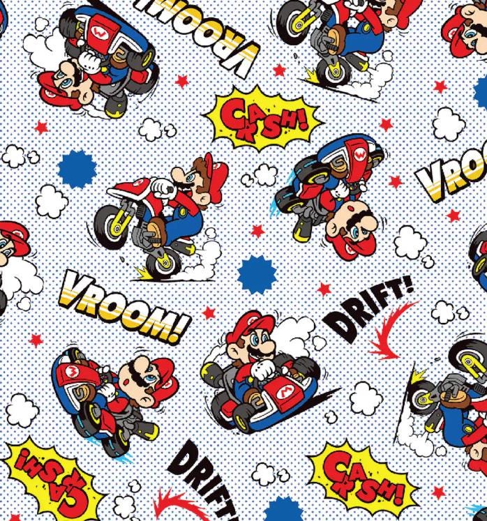 Mario Kart Drift Cotton Fabric - 100% Cotton - Super Nintendo - Mario - Princess - Luigi - Yoshi- By Springs Creative Licensed Fabric