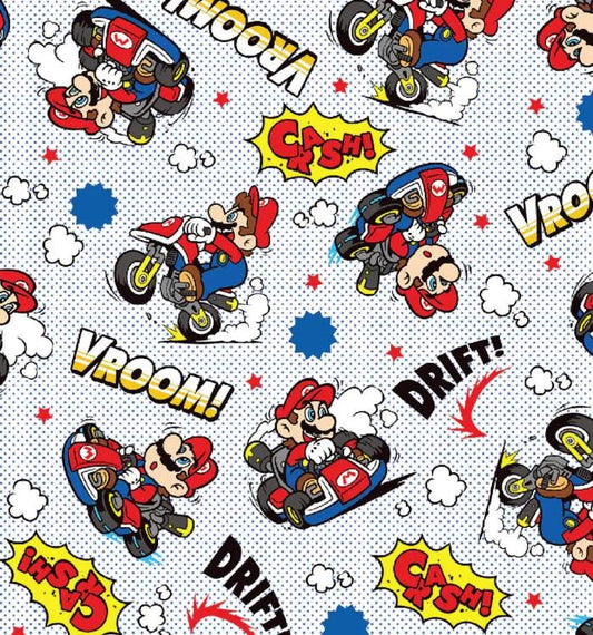 Mario Kart Drift Cotton Fabric - 100% Cotton - Super Nintendo - Mario - Princess - Luigi - Yoshi- By Springs Creative Licensed Fabric