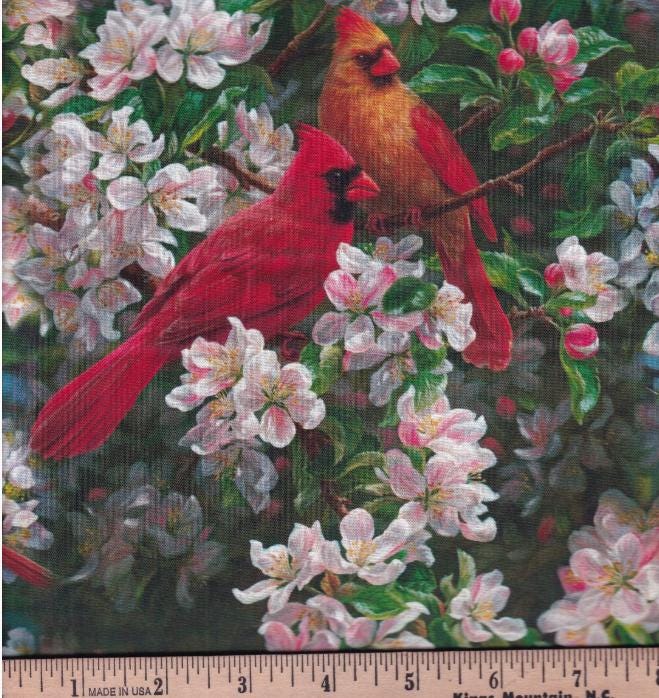 Spring Orchard Red Cardinals in the Orchard Fabric -100% Cotton - AS-0078-2C-1 Multi - Spring Orchard