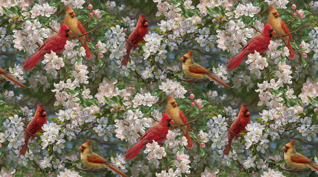 Spring Orchard Red Cardinals in the Orchard Fabric -100% Cotton - AS-0078-2C-1 Multi - Spring Orchard