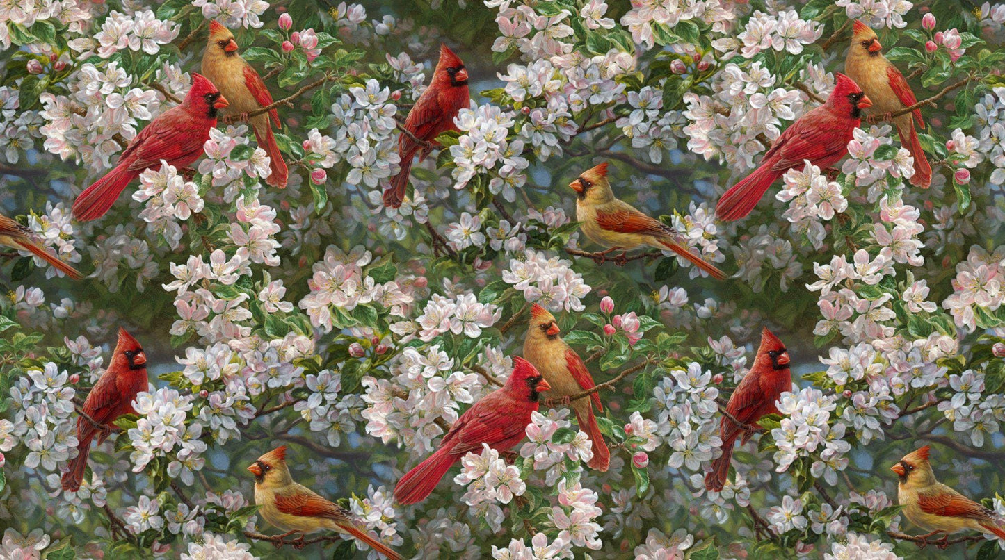 Spring Orchard Red Cardinals in the Orchard Fabric -100% Cotton - AS-0078-2C-1 Multi - Spring Orchard