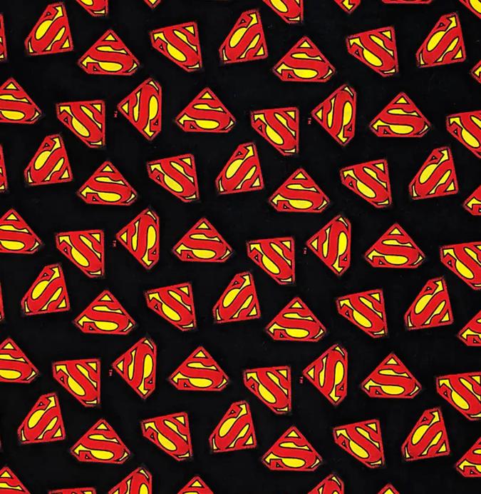Superman Logos on Black 100% Cotton Fabric - Continuous Cuts Licensed Fabric