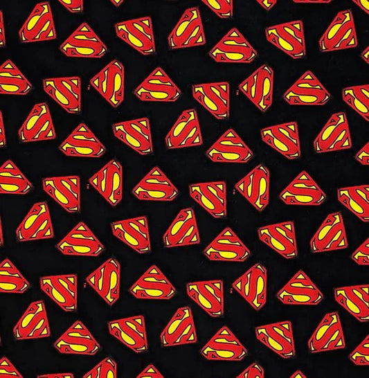 Superman Logos on Black 100% Cotton Fabric - Continuous Cuts Licensed Fabric