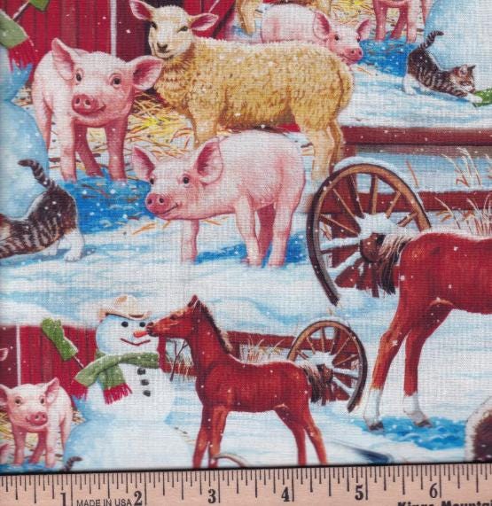 Winter Barnyard Multi Cotton fabric- 100% Cotton - Fabric - Continuous cuts AL-4935-1 Winter Barnyard