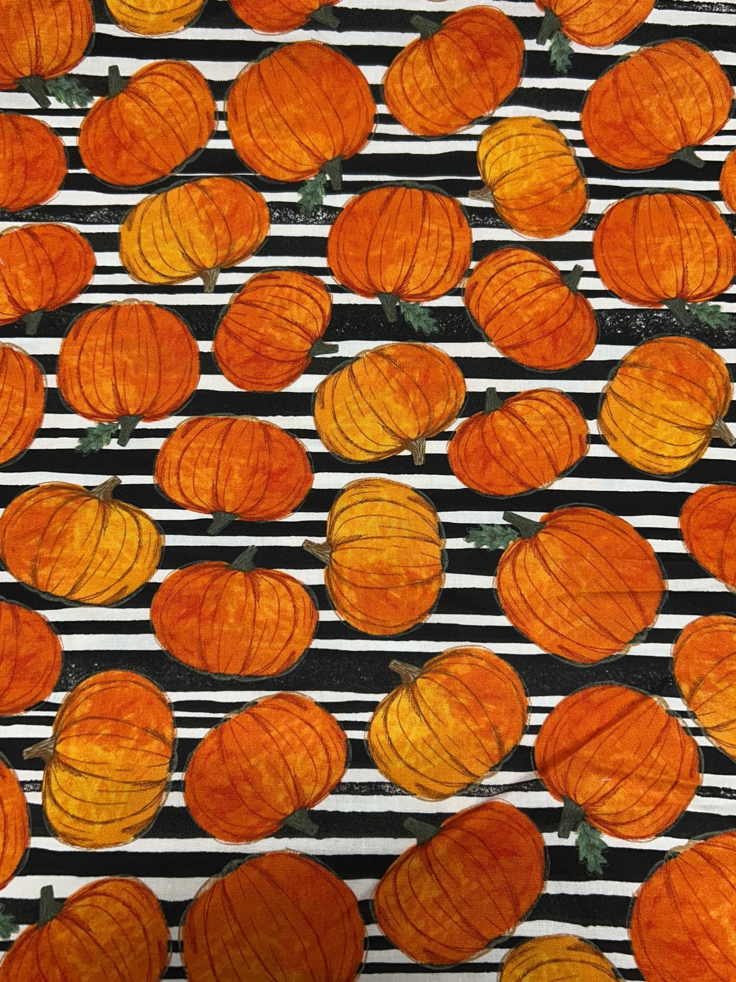 Pumpkins on Black and White Stripes Cotton Fabric-100% Cotton -