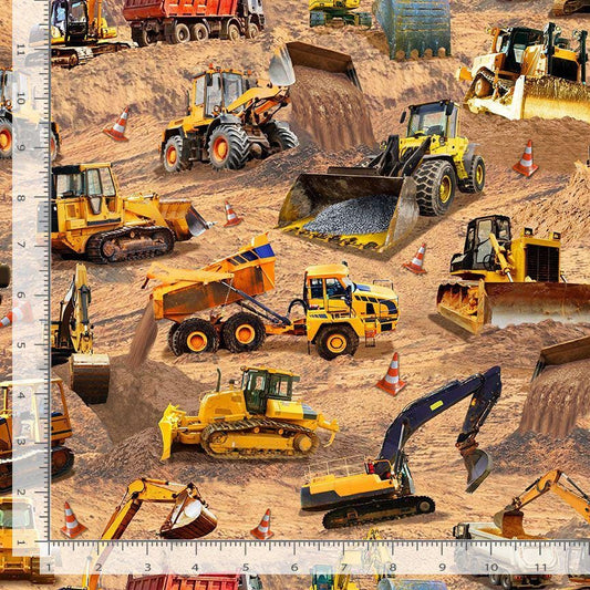 Construction Site 100% Cotton Fabric - Continuous Cuts - TT-Michael CD3737 Brown - Construction Site Scene Planes, Trains, Trucks