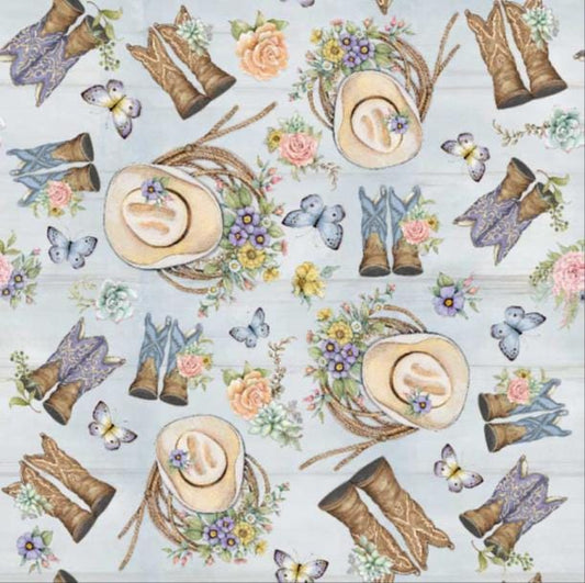 Cowboy Cowgirl Tossed Boots Springs Creative - Highland Ranch by Susan Winget Designs Cotton Fabric- 100% Cotton - Fabric- continuous cuts