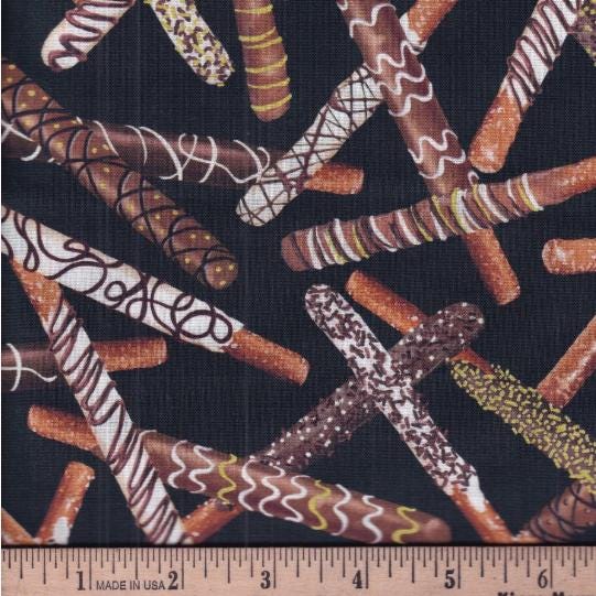 Chocolate Covered Pretzel Fabric = Chocolicious 9848-12 Black - Chocolate Pretzel Rod Novelty - continuous cuts!
